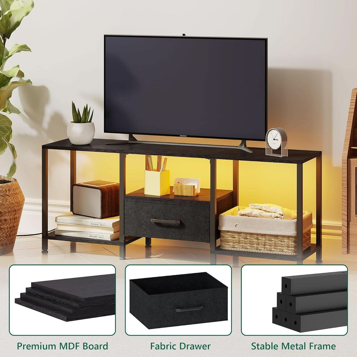 LED TV Stand For 55 Inch TVs With Open Shelves Black