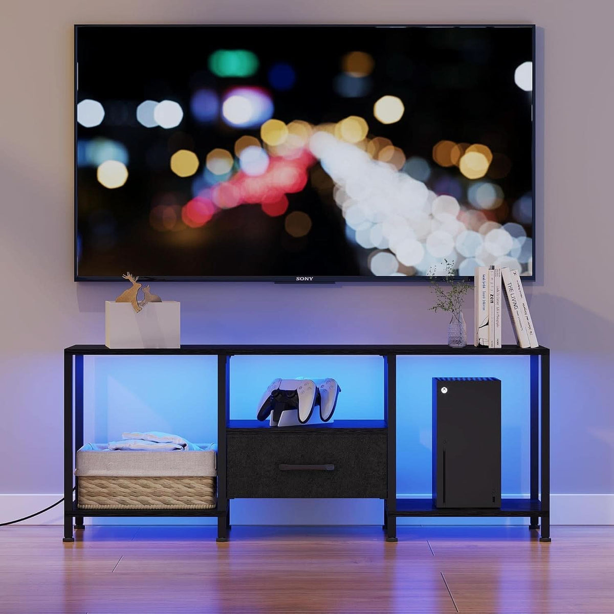 LED TV Stand For 55 Inch TVs With Open Shelves Black