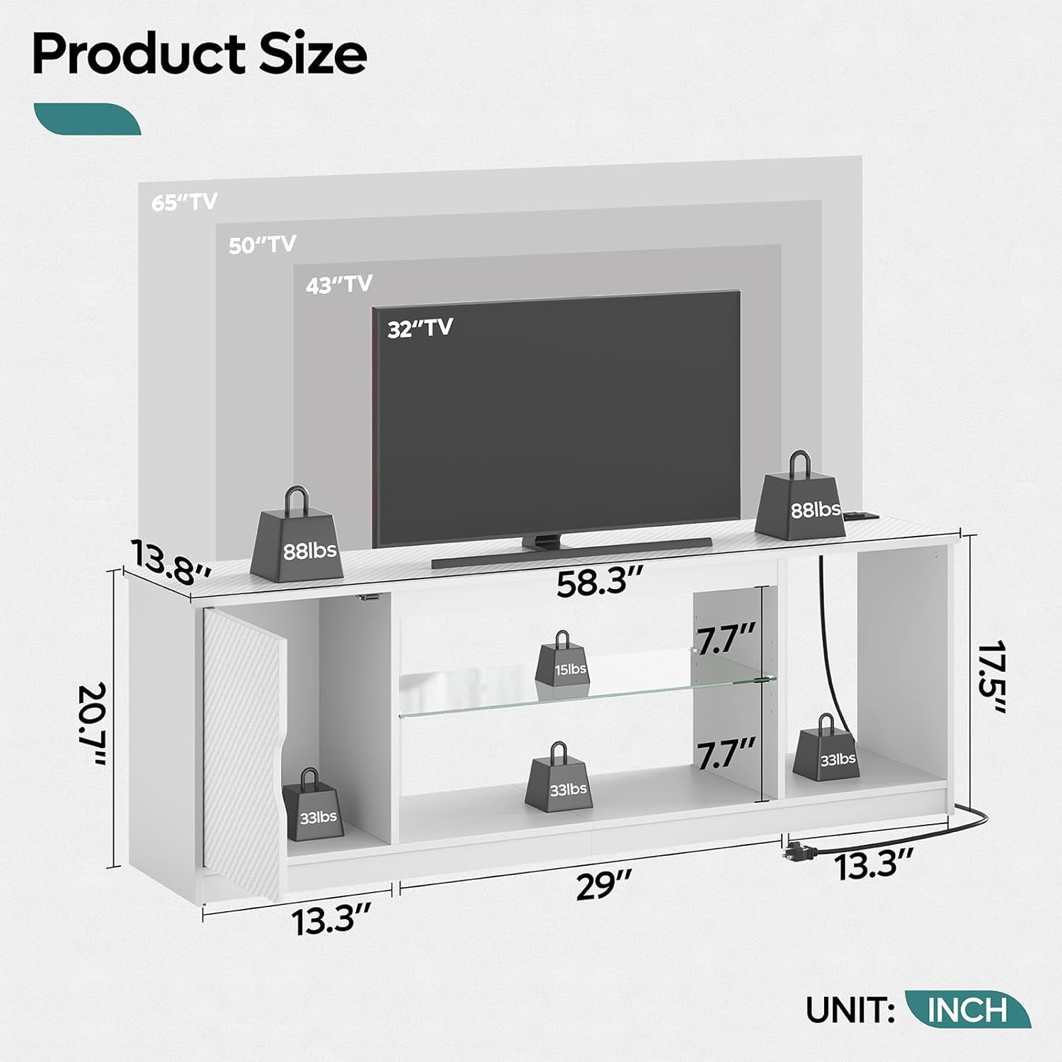 LED TV Stand For 55 To 65 Inch TVs With Power Outlets
