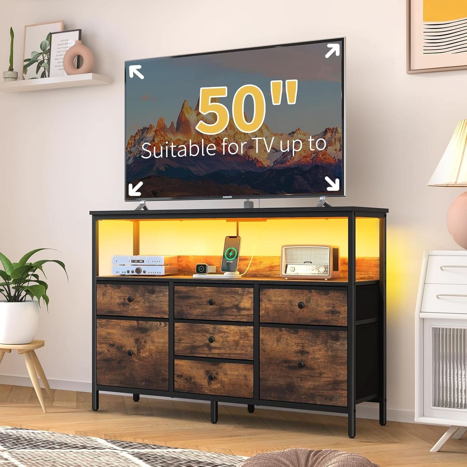 LED TV Stand With 7 Fabric Drawers And Charging Station