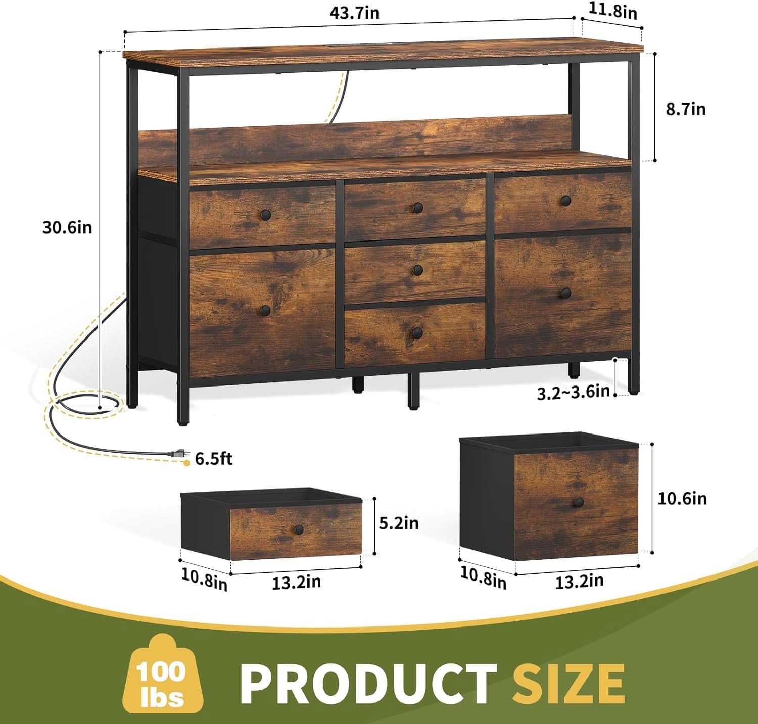 LED TV Stand With 7 Fabric Drawers And Charging Station