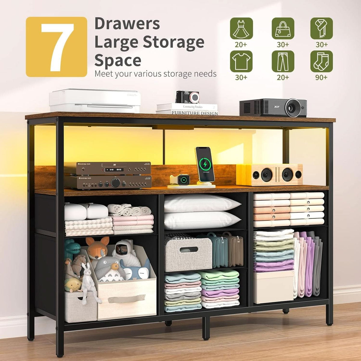 LED TV Stand With 7 Fabric Drawers And Charging Station