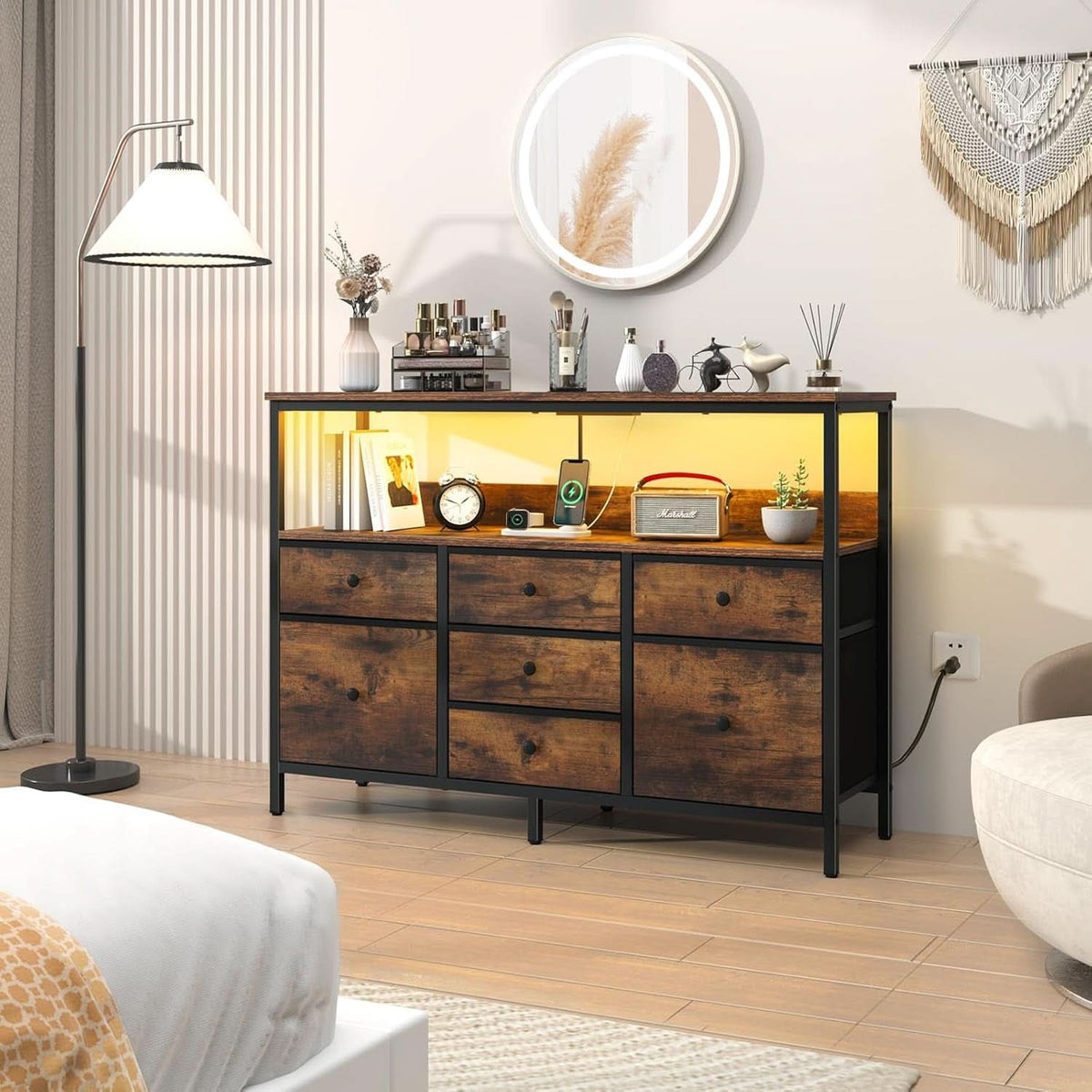 LED TV Stand With 7 Fabric Drawers And Charging Station