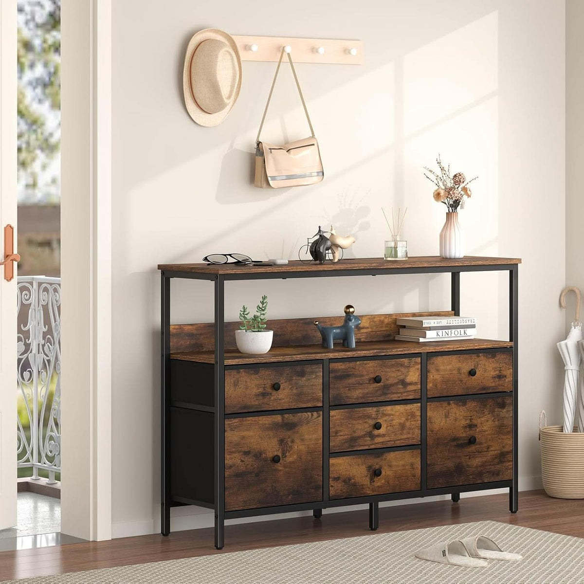 LED TV Stand With 7 Fabric Drawers And Charging Station