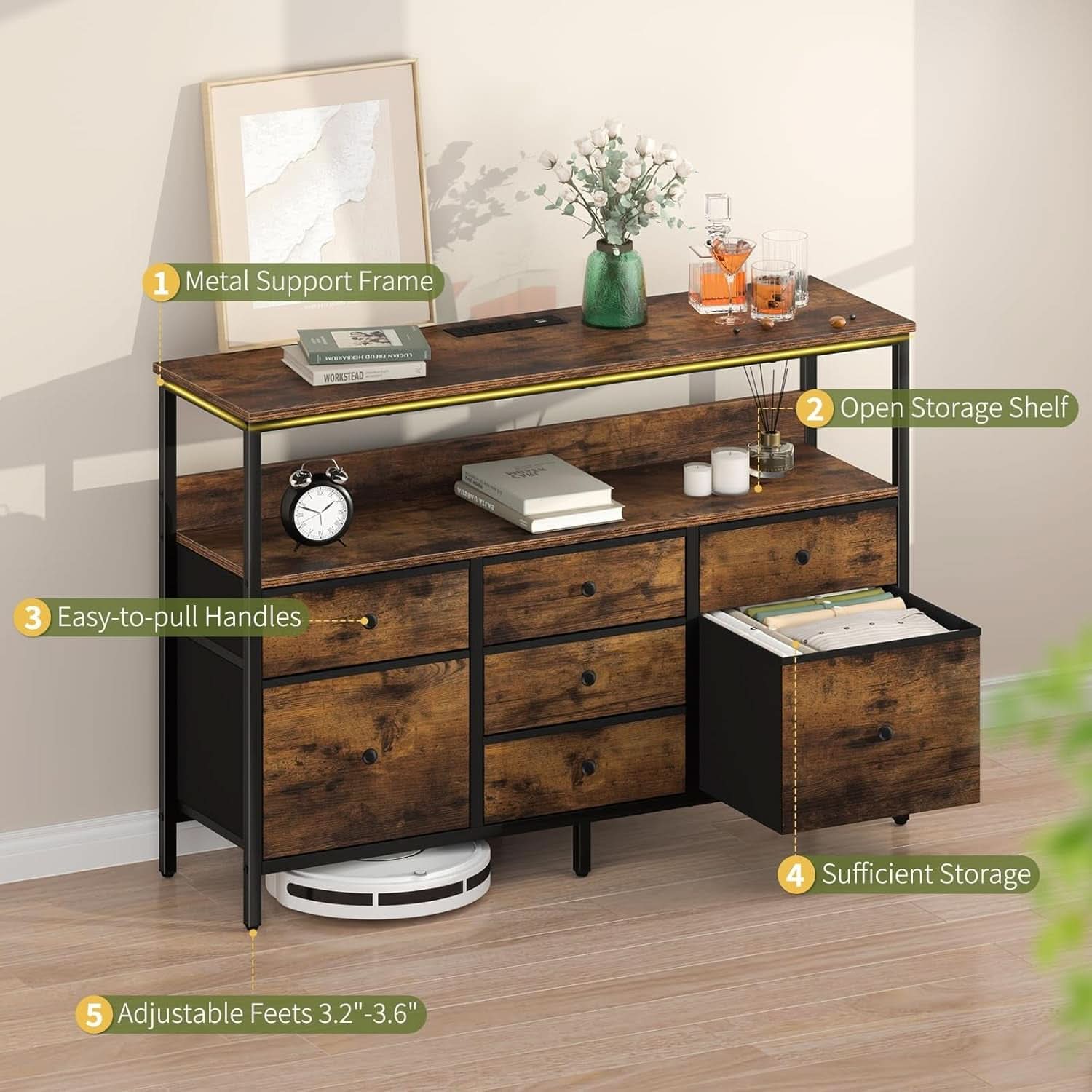 LED TV Stand With 7 Fabric Drawers And Charging Station