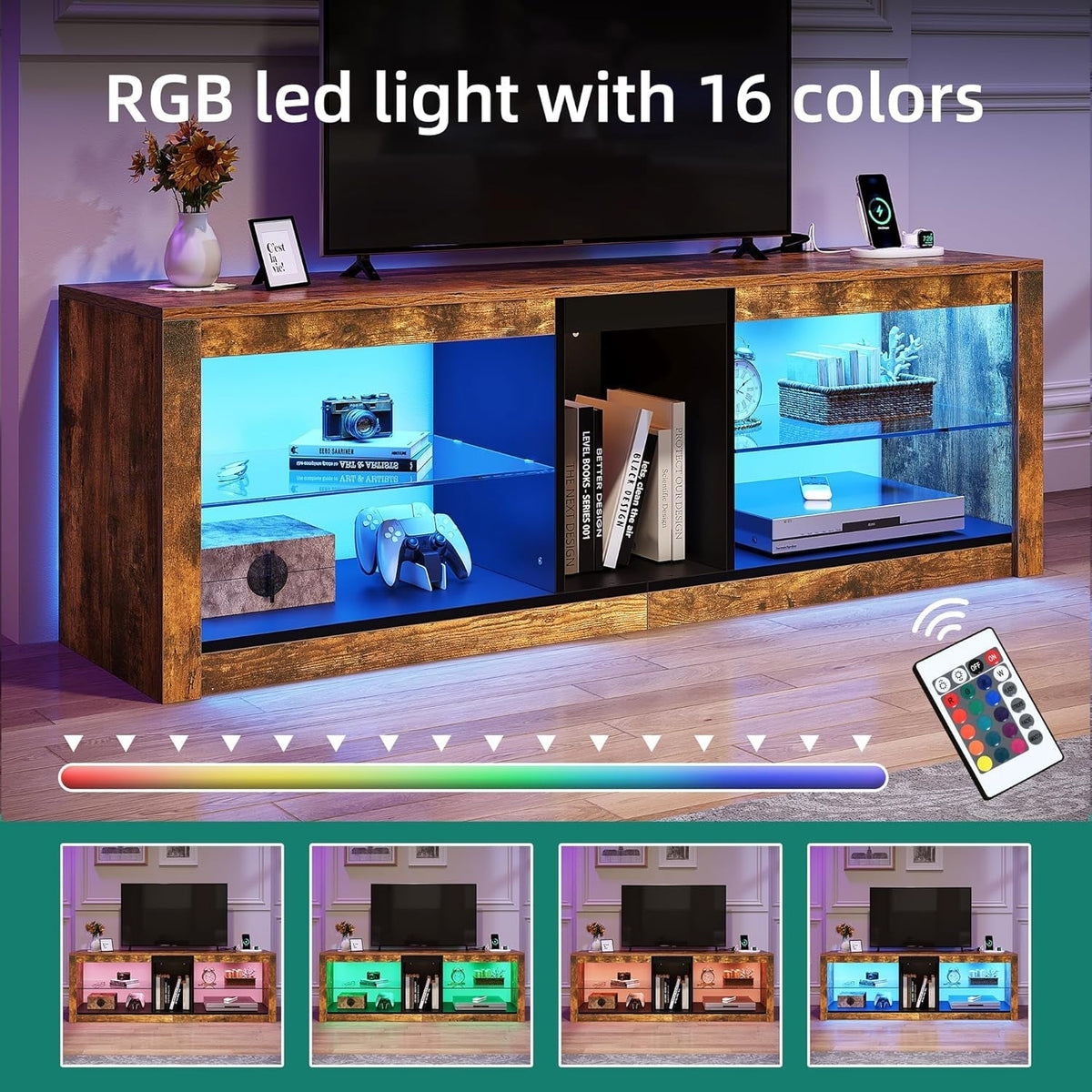 LED TV Stand With RGB Lighting And Power Outlets For 60 Inch TVs Rustic Brown