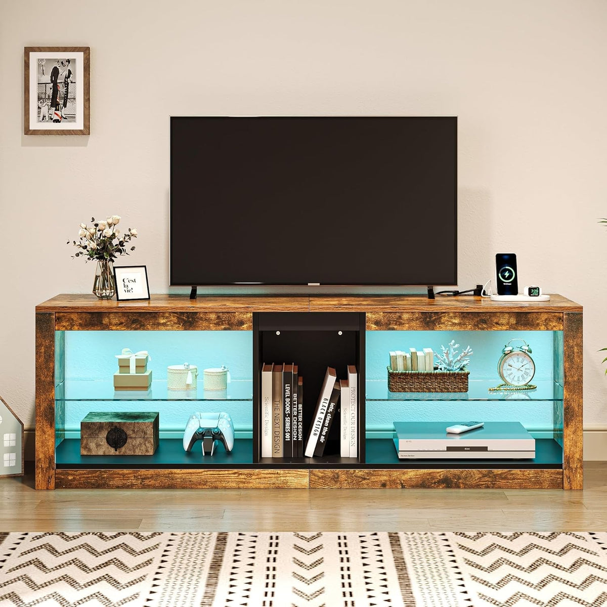 LED TV Stand With RGB Lighting And Power Outlets For 60 Inch TVs Rustic Brown