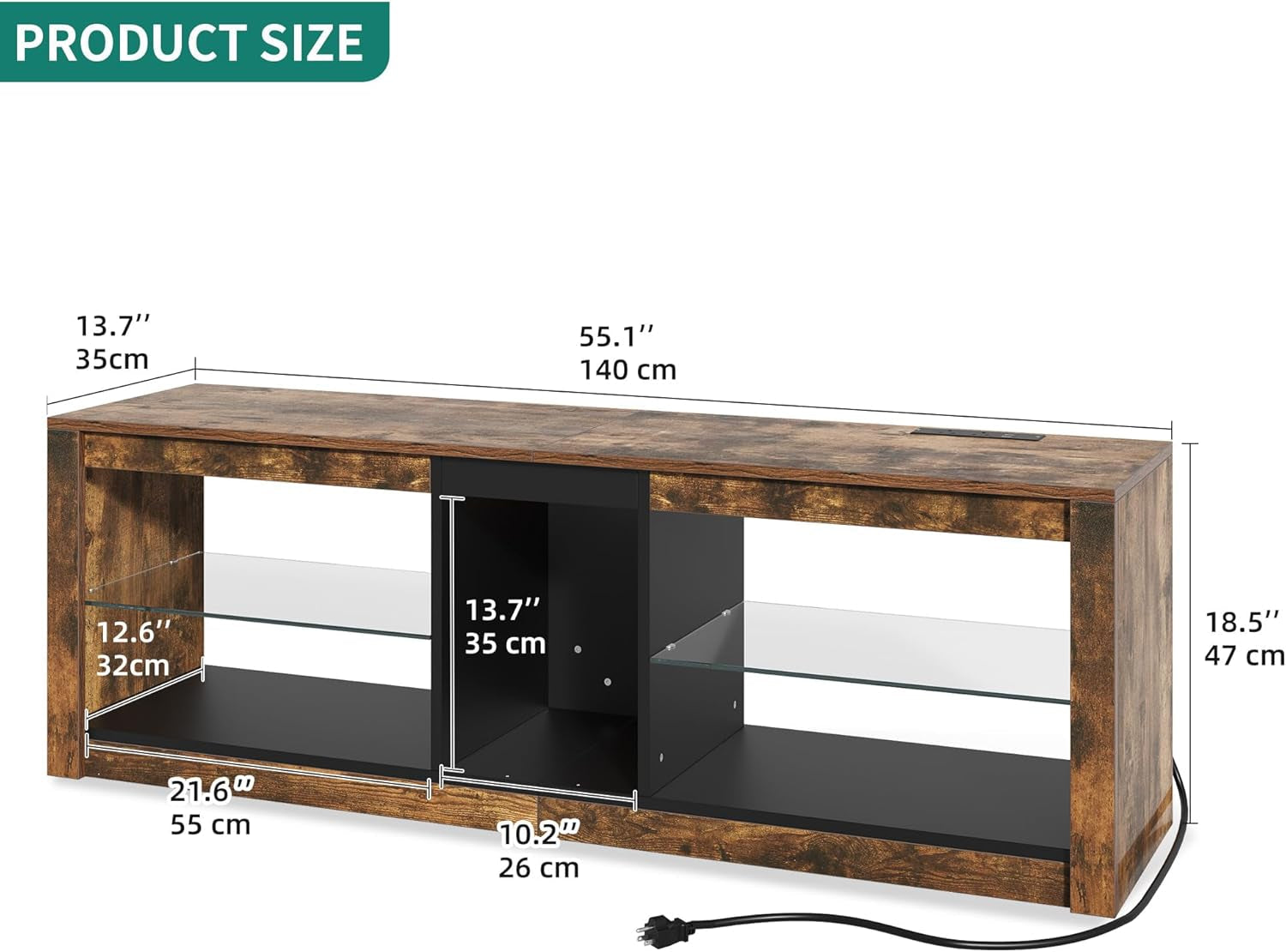 LED TV Stand With RGB Lighting And Power Outlets For 60 Inch TVs Rustic Brown