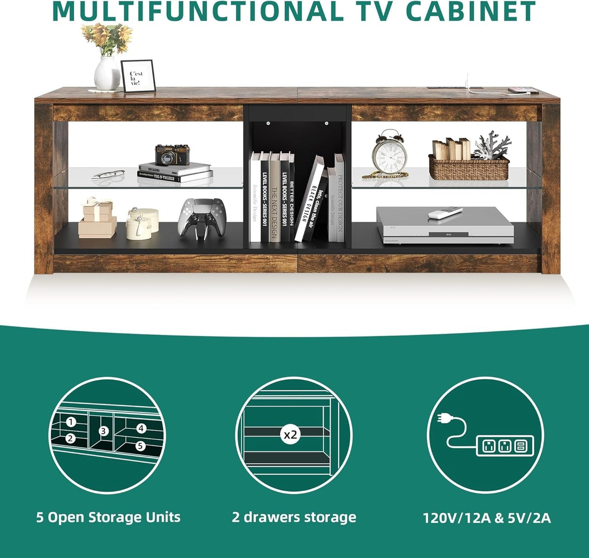 LED TV Stand With RGB Lighting And Power Outlets For 60 Inch TVs Rustic Brown