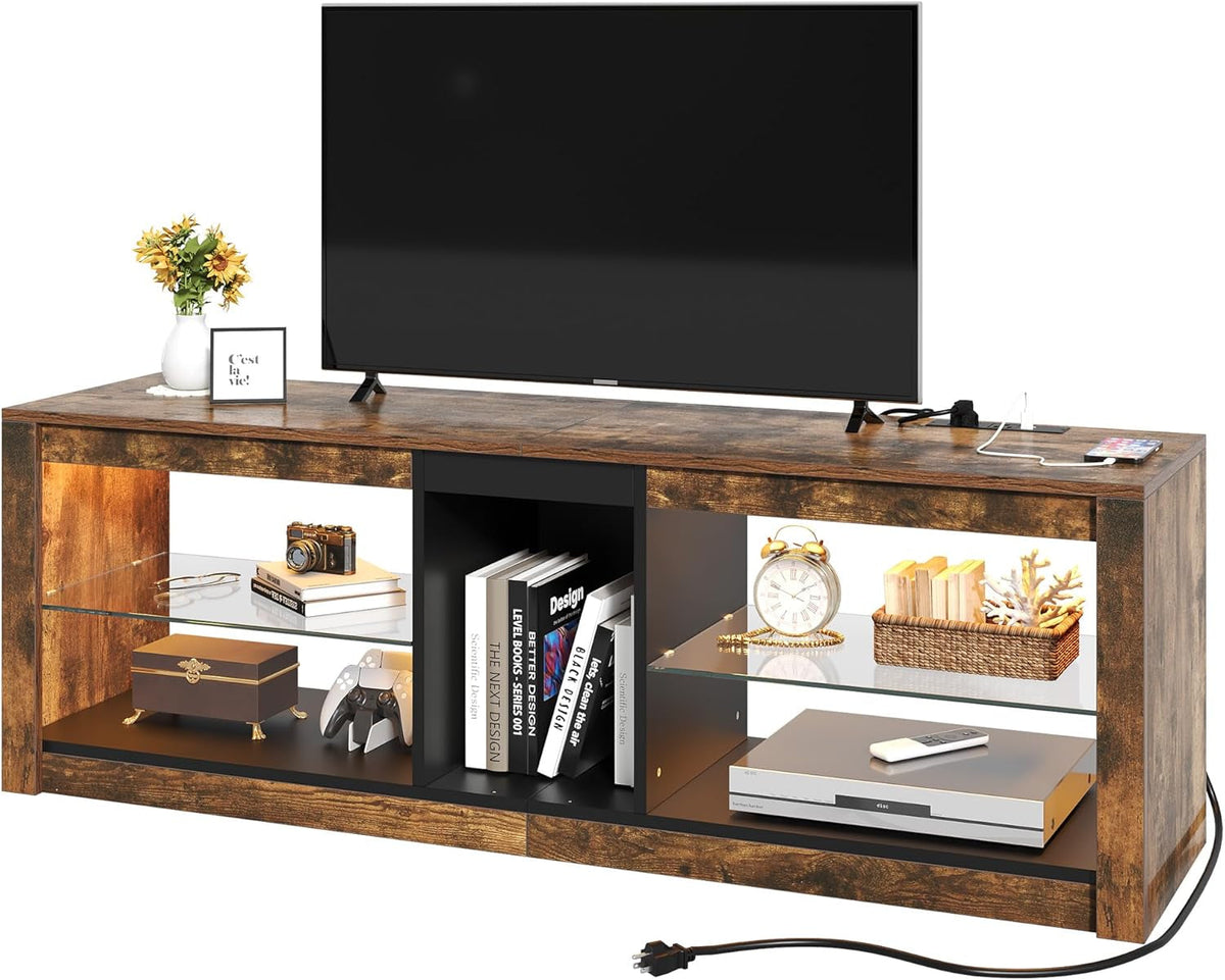 LED TV Stand With RGB Lighting And Power Outlets For 60 Inch TVs Rustic Brown