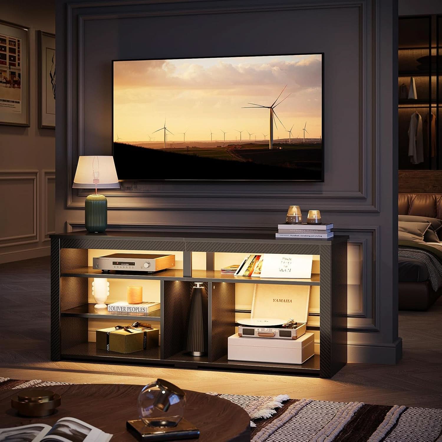 LED Tall TV Stand For 55-65 TV With Adjustable Shelves