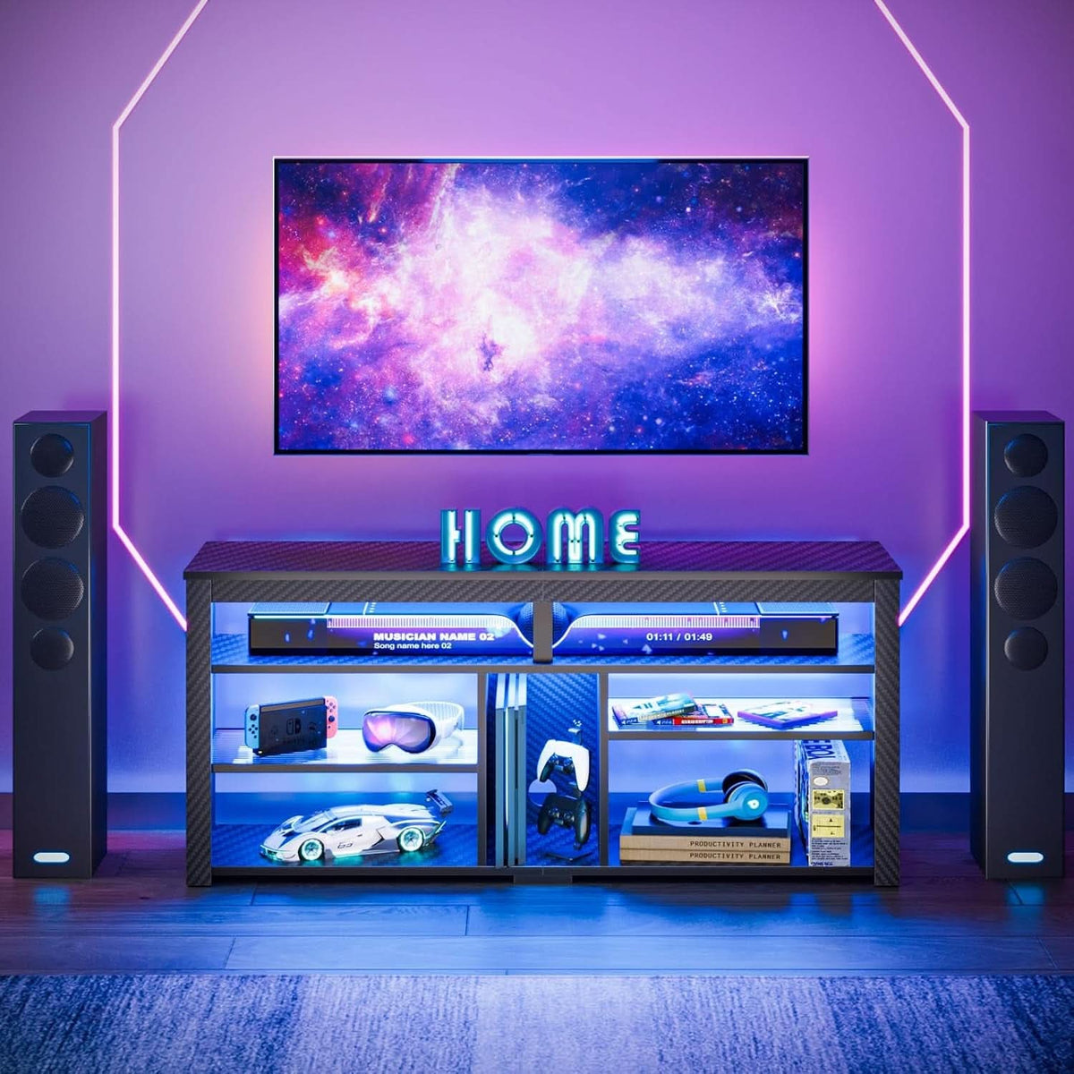 LED Tall TV Stand For 55-65 TV With Adjustable Shelves