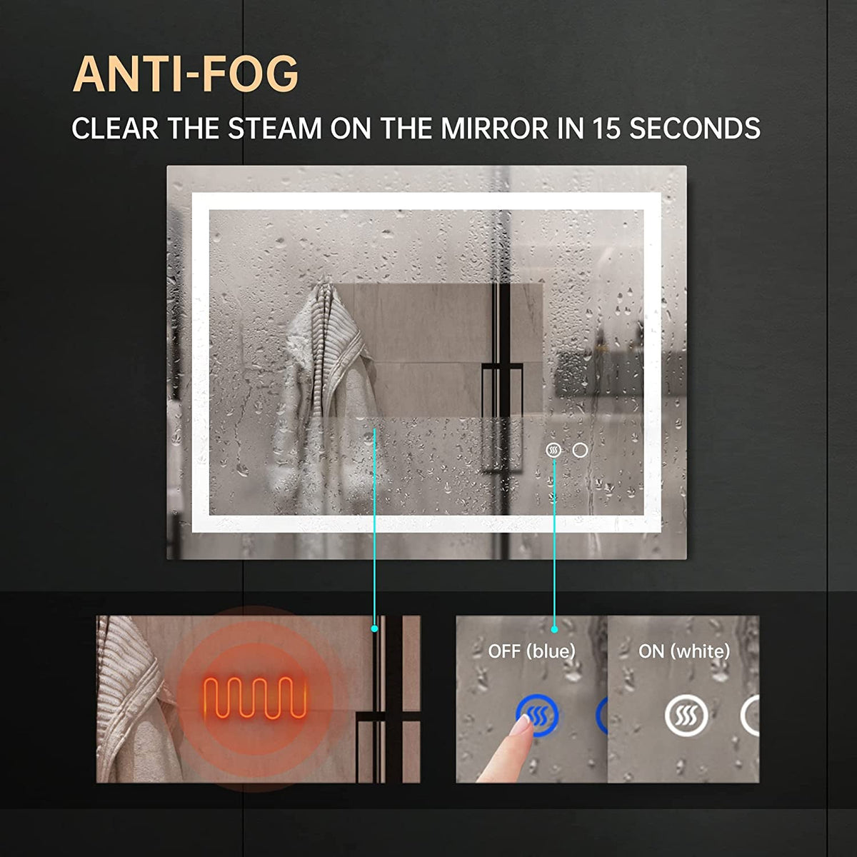 LED Wall Mounted Bathroom Mirror With Anti Fog Energy Saving