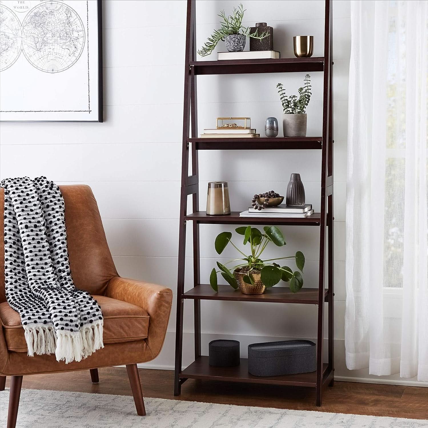 Ladder Bookshelf Organizer Espresso Rubberwood Frame 14 Inch Depth 70 Inch Tall