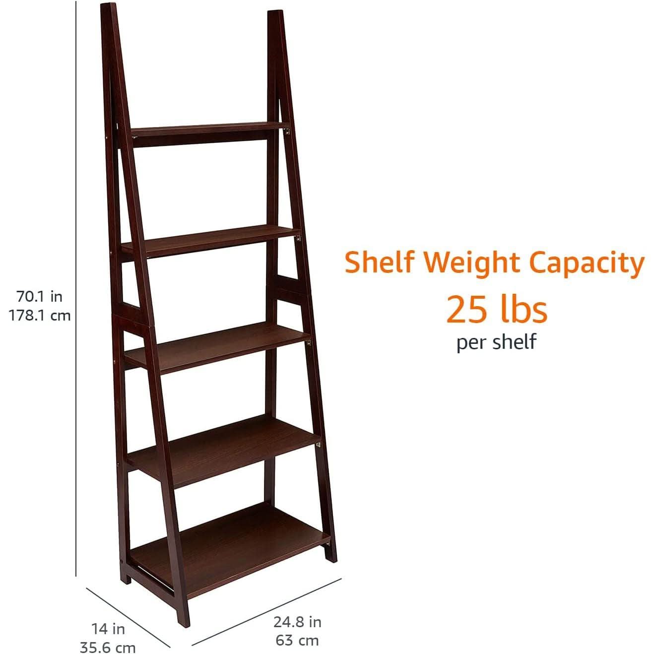 Ladder Bookshelf Organizer Espresso Rubberwood Frame 14 Inch Depth 70 Inch Tall