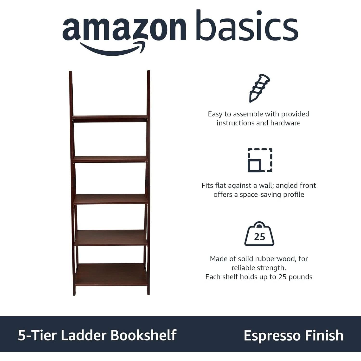 Ladder Bookshelf Organizer Espresso Rubberwood Frame 14 Inch Depth 70 Inch Tall