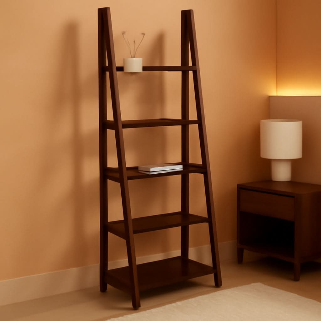 Ladder Bookshelf Organizer Espresso Rubberwood Frame 14 Inch Depth 70 Inch Tall