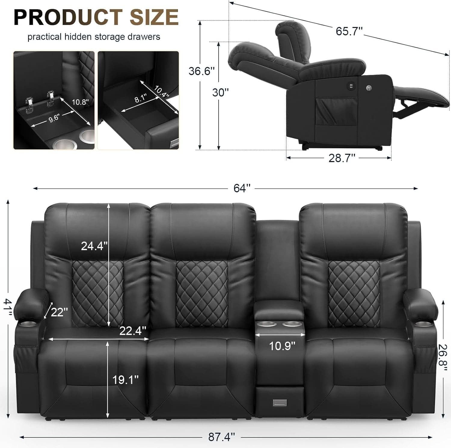 Large 3 Seat Recliner Sofa with USB Ports