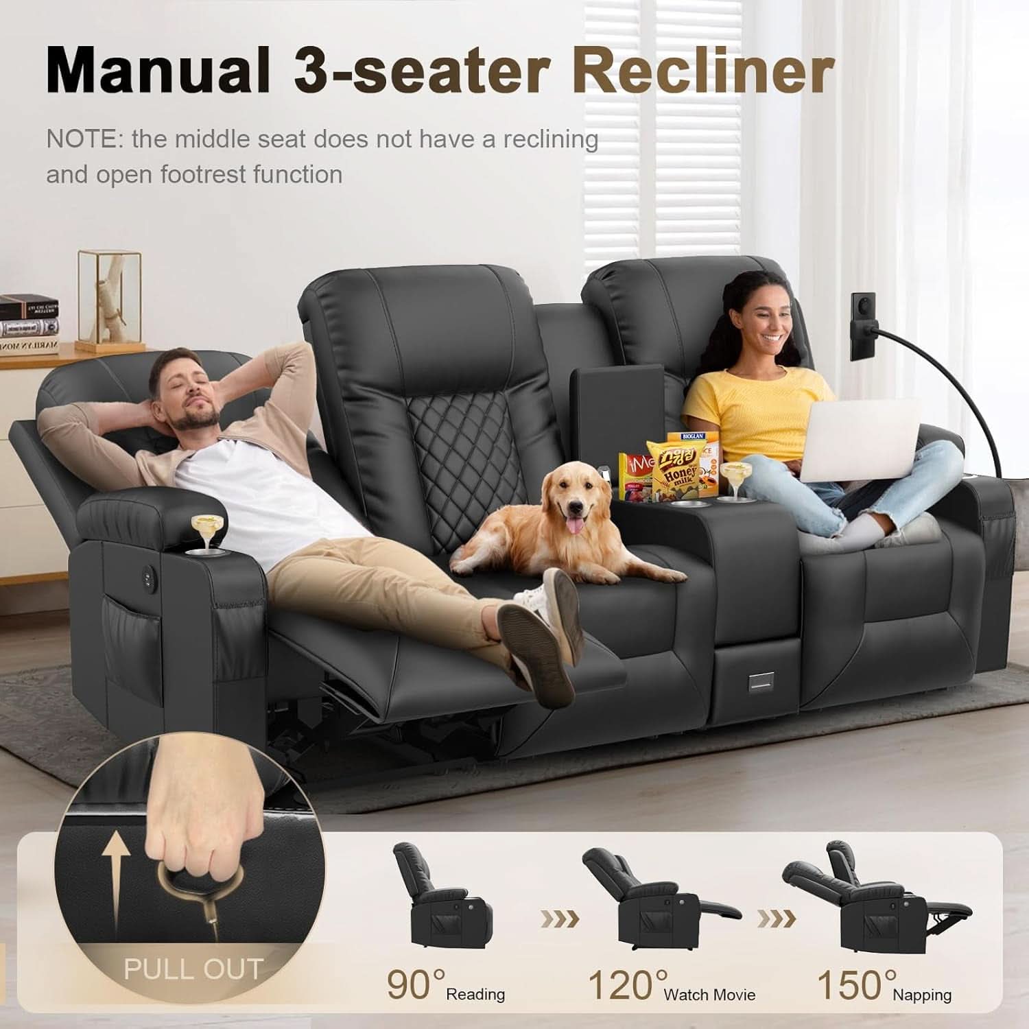 Large 3 Seat Recliner Sofa with USB Ports
