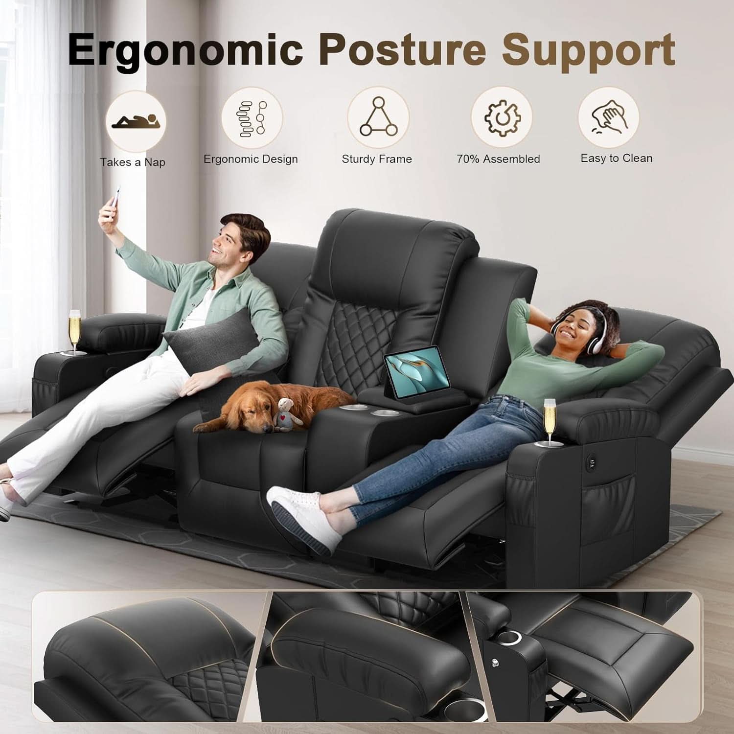 Large 3 Seat Recliner Sofa with USB Ports
