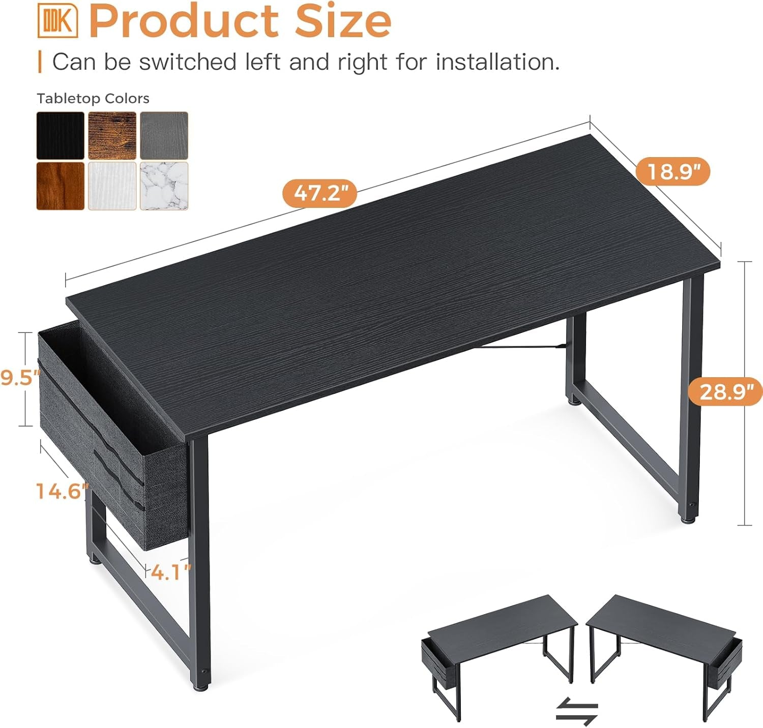 Large 48 Inch Black Office Desk With Storage and Hook