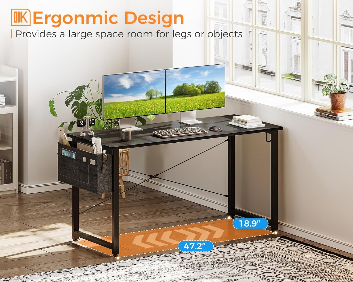 Large 48 Inch Black Office Desk With Storage and Hook