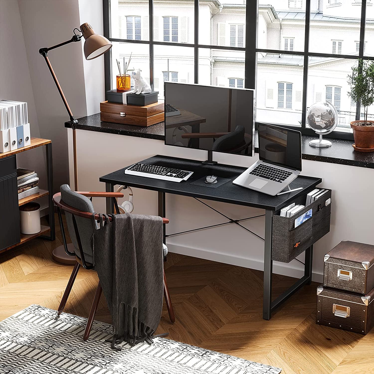 Large 48 Inch Black Office Desk With Storage and Hook