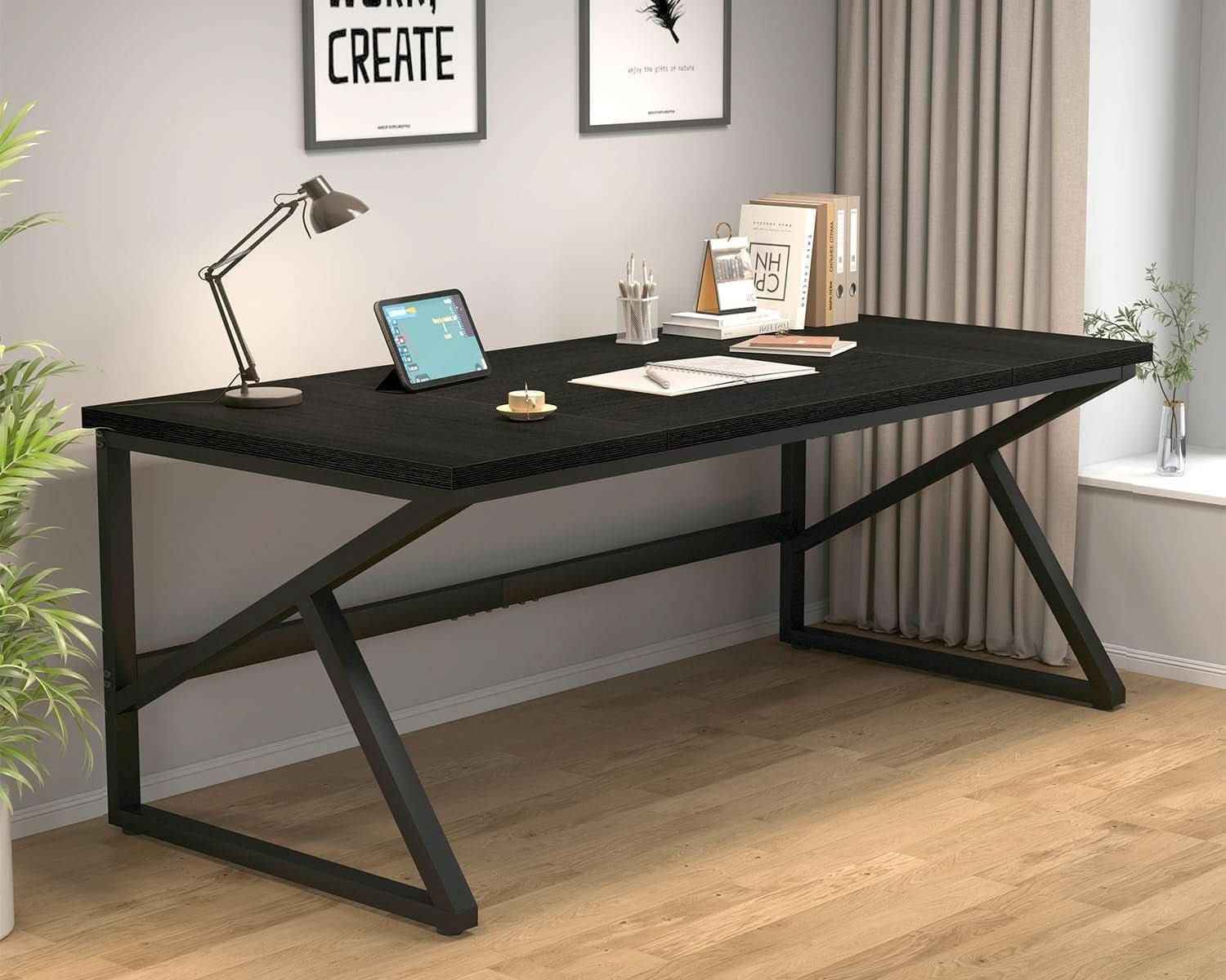 Large Black Desk for Two Monitors and Workstations