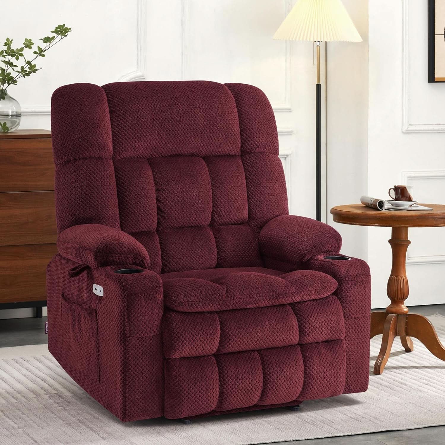Large Burgundy Dual Motor Lift Recliner Chair With Massage And Heat