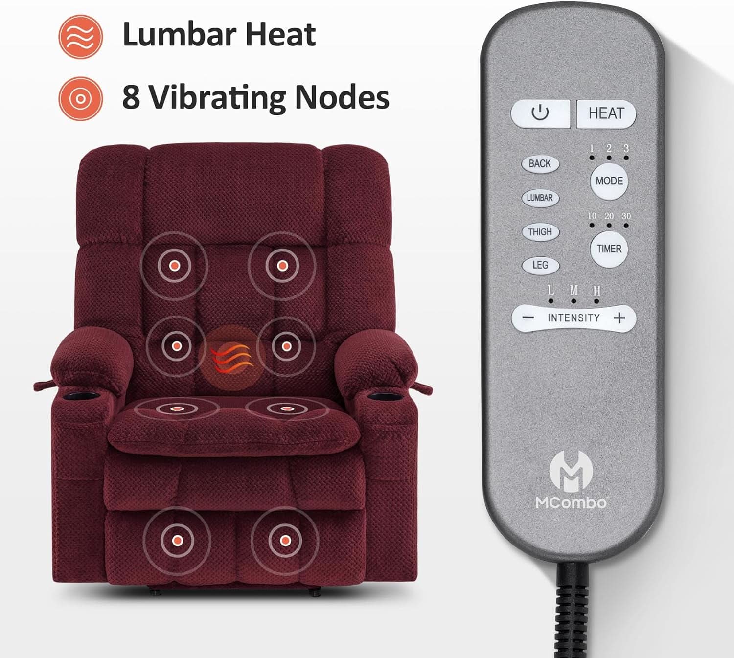 Large Burgundy Dual Motor Lift Recliner Chair With Massage And Heat