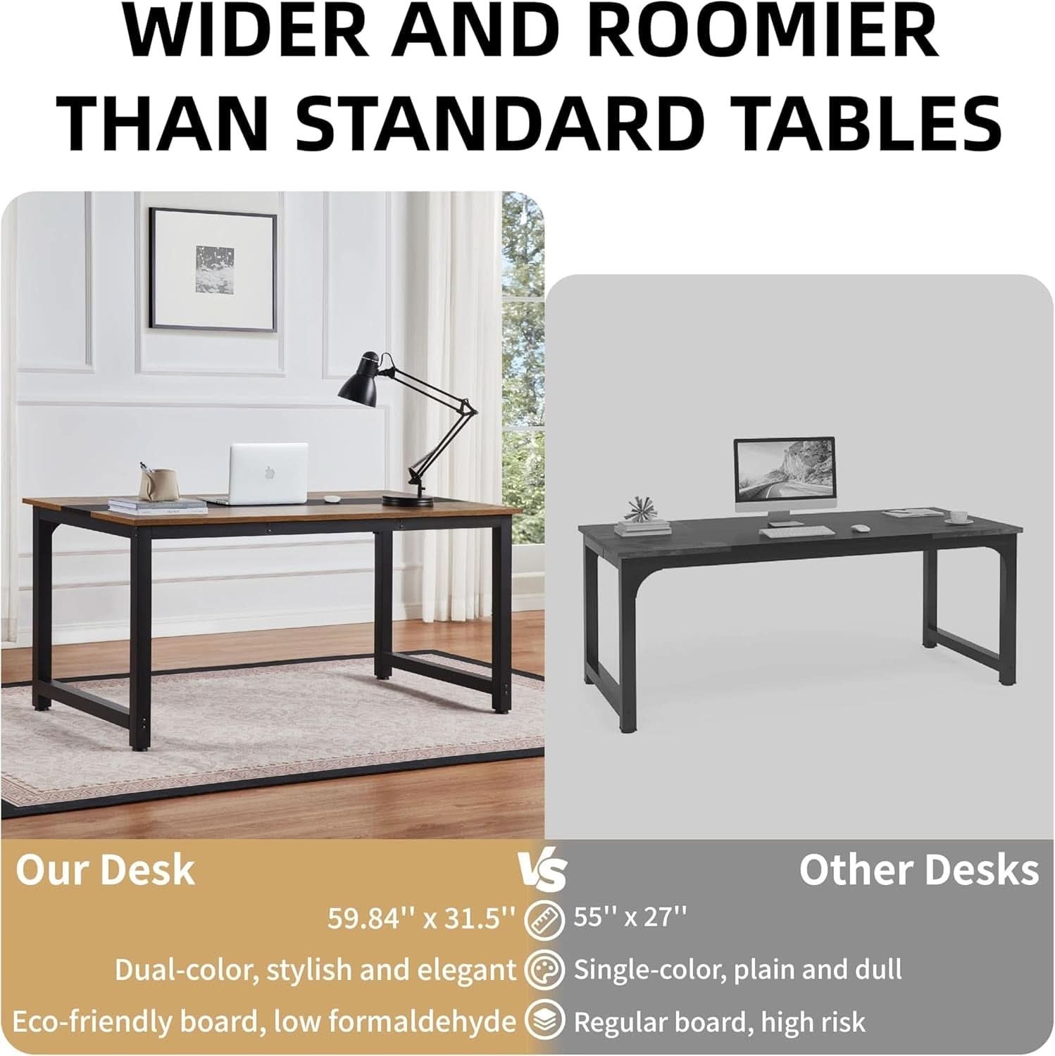 Large Computer Desk 59.8 Inches Wooden Surface Rustic Black