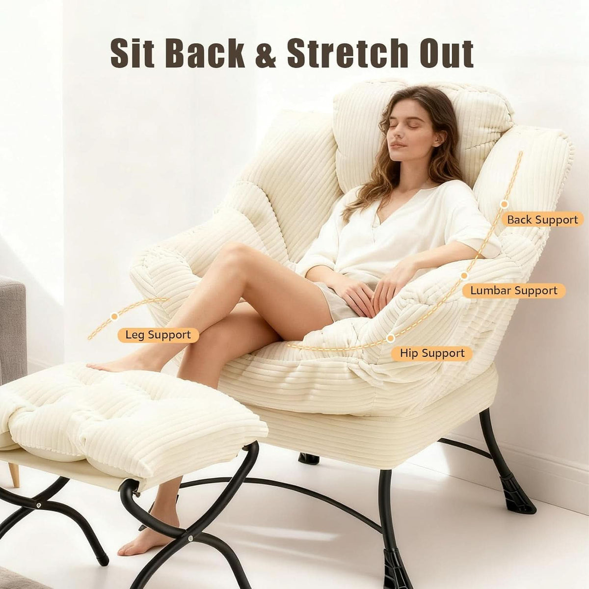 Large Corduroy White Armchair With Ottoman Footrest