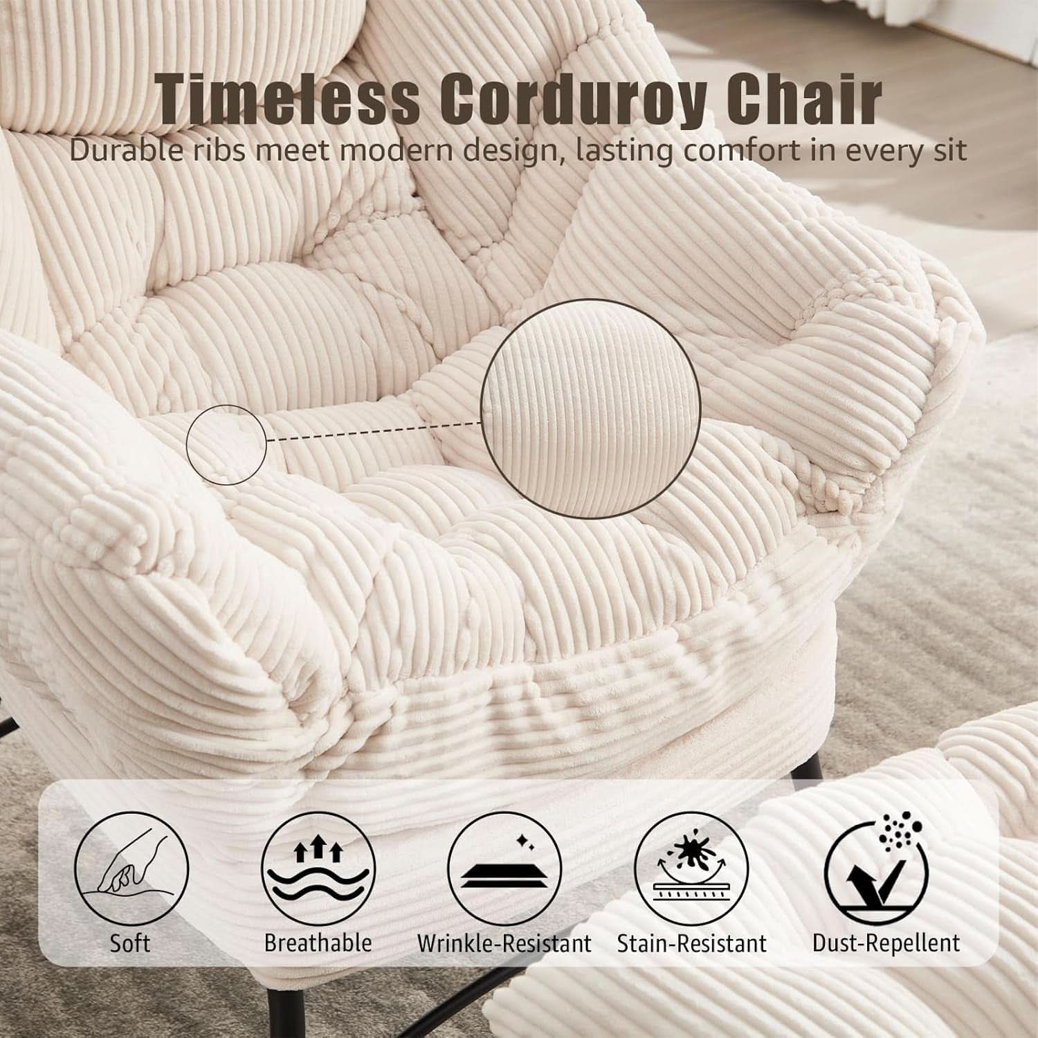 Large Corduroy White Armchair With Ottoman Footrest