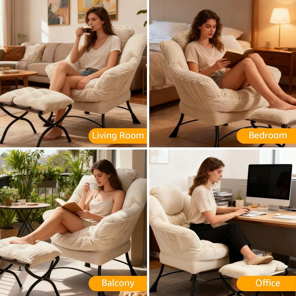 Large Corduroy White Armchair With Ottoman Footrest