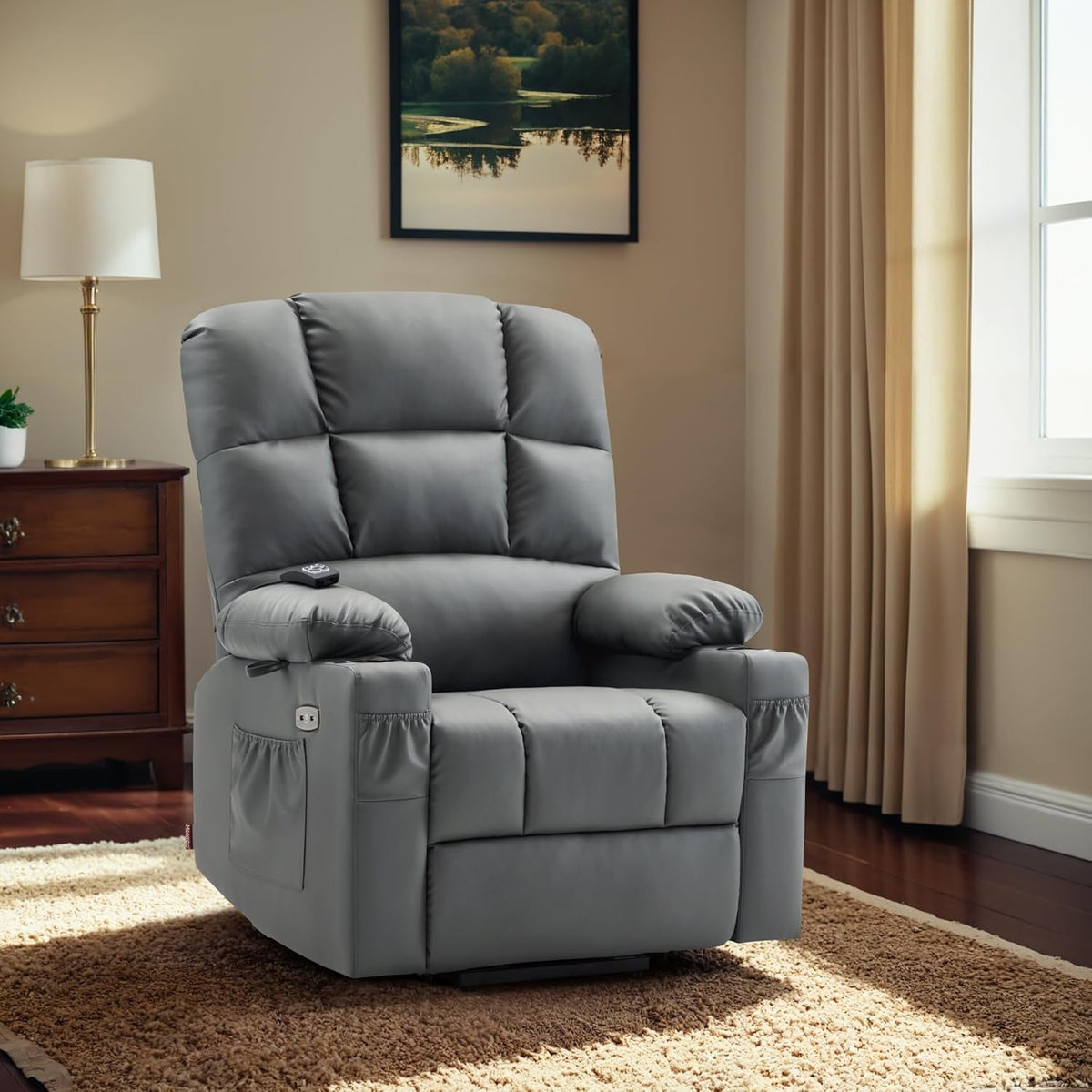 Large Dark Grey Power Lift Recliner With Massage And Dual Motor