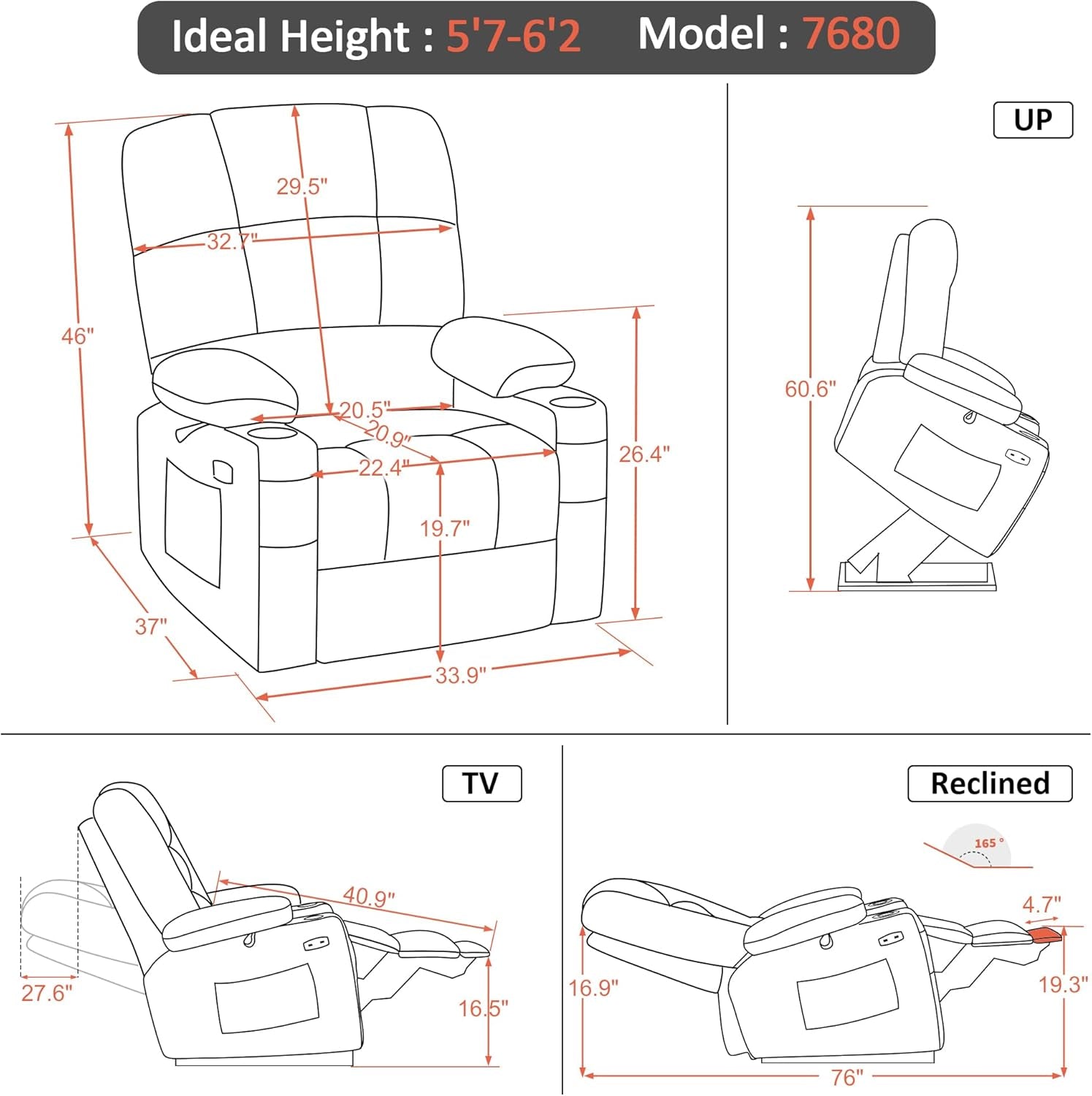 Large Dark Grey Power Lift Recliner With Massage And Dual Motor