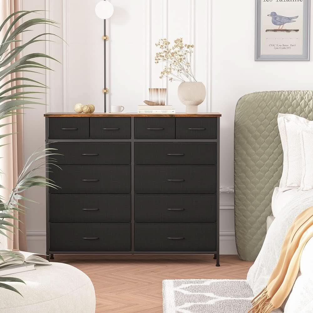 Large Dresser With 12 Deep Drawers For Bedroom Black Fabric