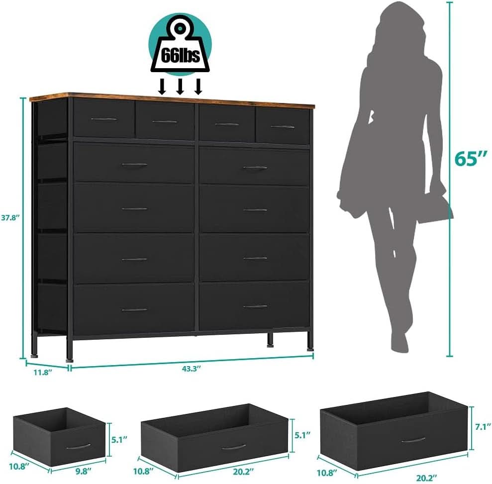 Large Dresser With 12 Deep Drawers For Bedroom Black Fabric