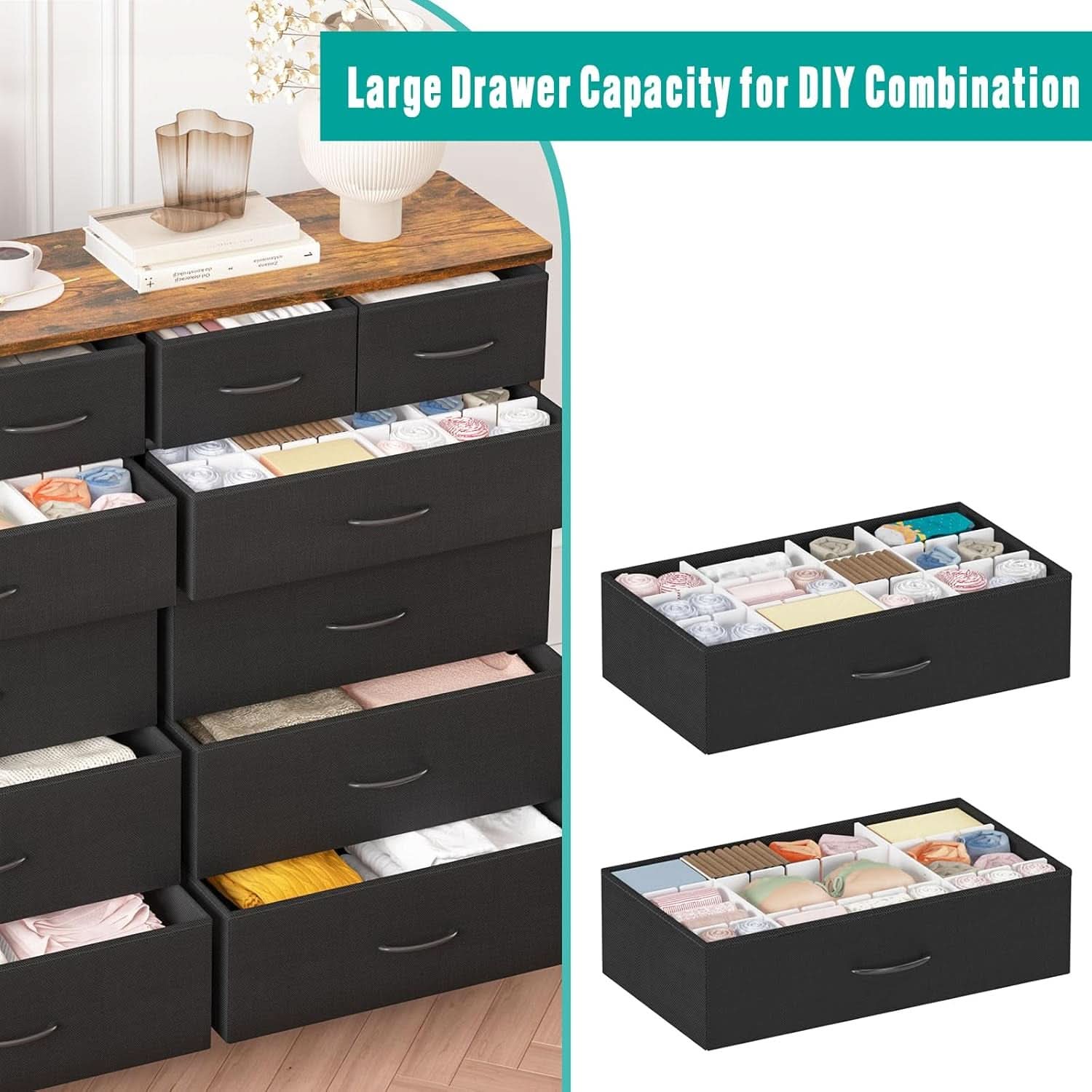 Large Dresser With 12 Deep Drawers For Bedroom Black Fabric