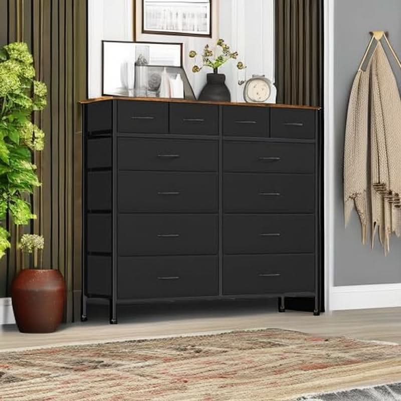 Large Dresser With 12 Deep Drawers For Bedroom Black Fabric