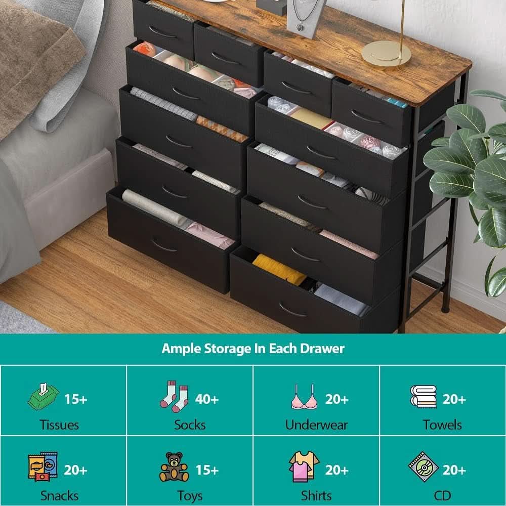 Large Dresser With 12 Deep Drawers For Bedroom Black Fabric