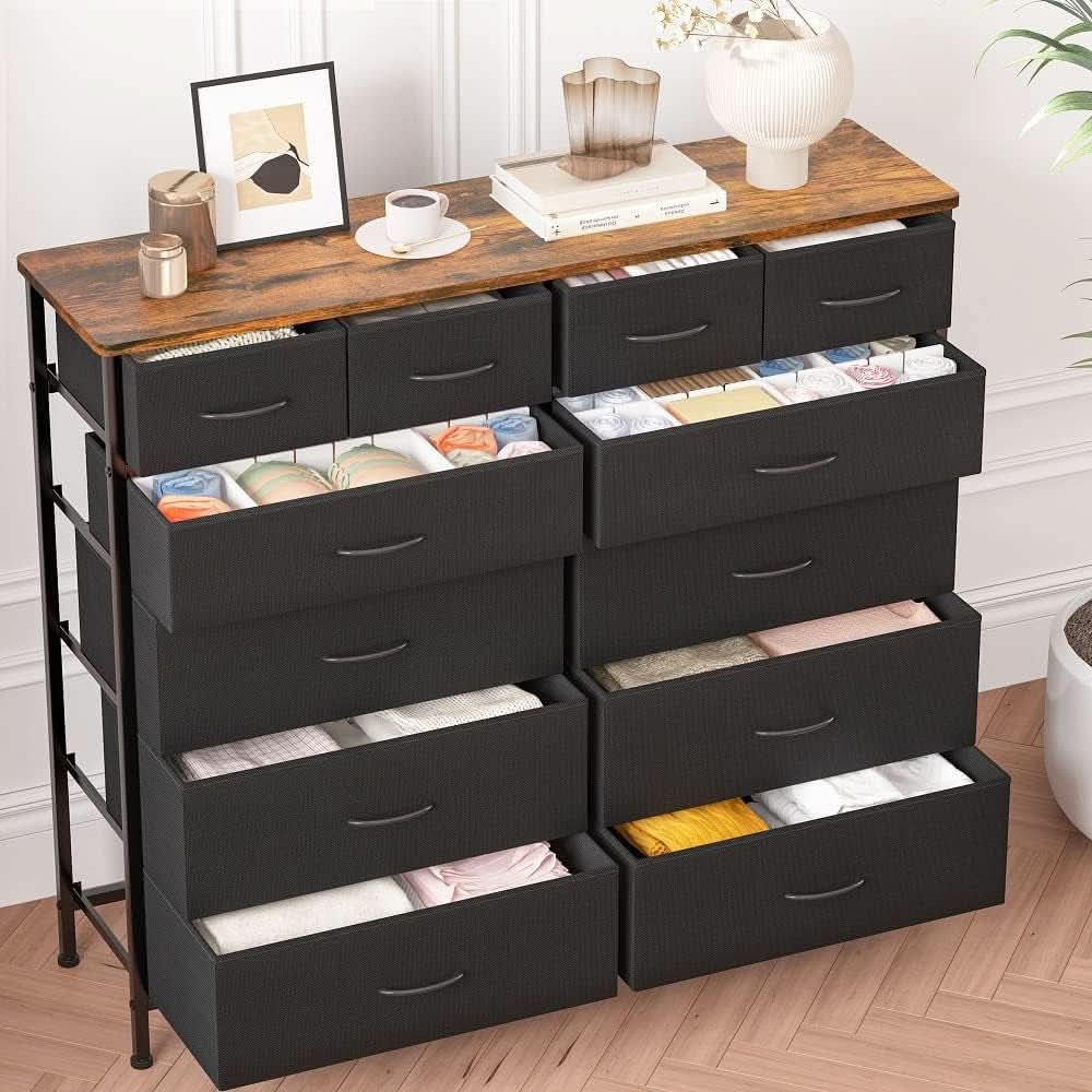 Large Dresser With 12 Deep Drawers For Bedroom Black Fabric