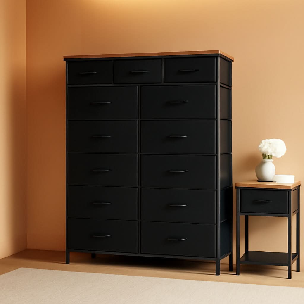 Large Dresser With 12 Deep Drawers For Bedroom Black Fabric