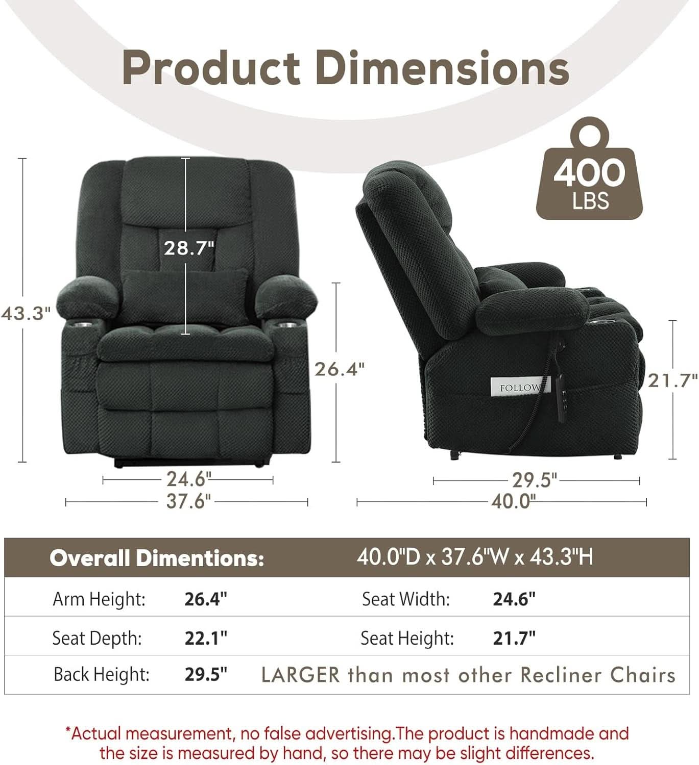 Large Dual Motor Lay Flat Power Lift Recliner Chair Grey
