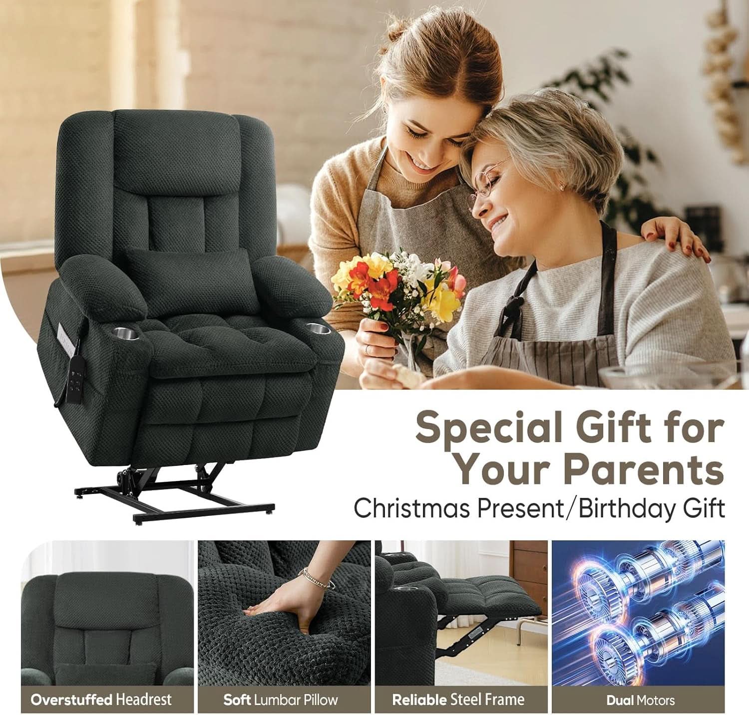 Large Dual Motor Lay Flat Power Lift Recliner Chair Grey