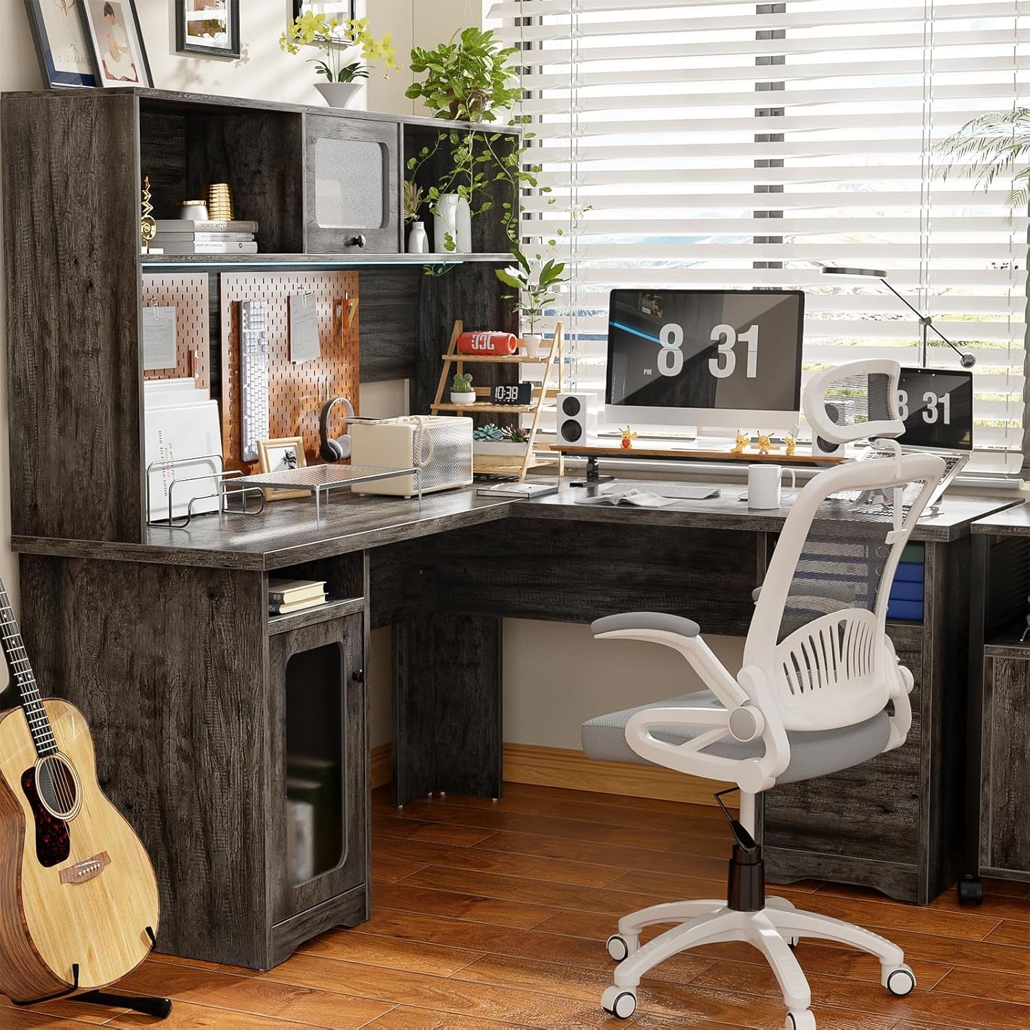 Large L Shaped Desk with Drawers and LED Lights