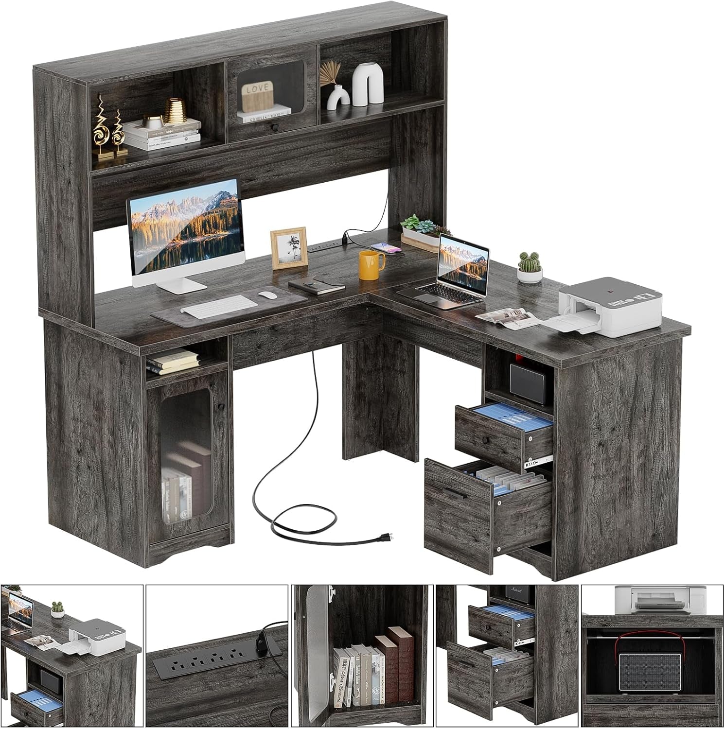 Large L Shaped Desk with Drawers and LED Lights