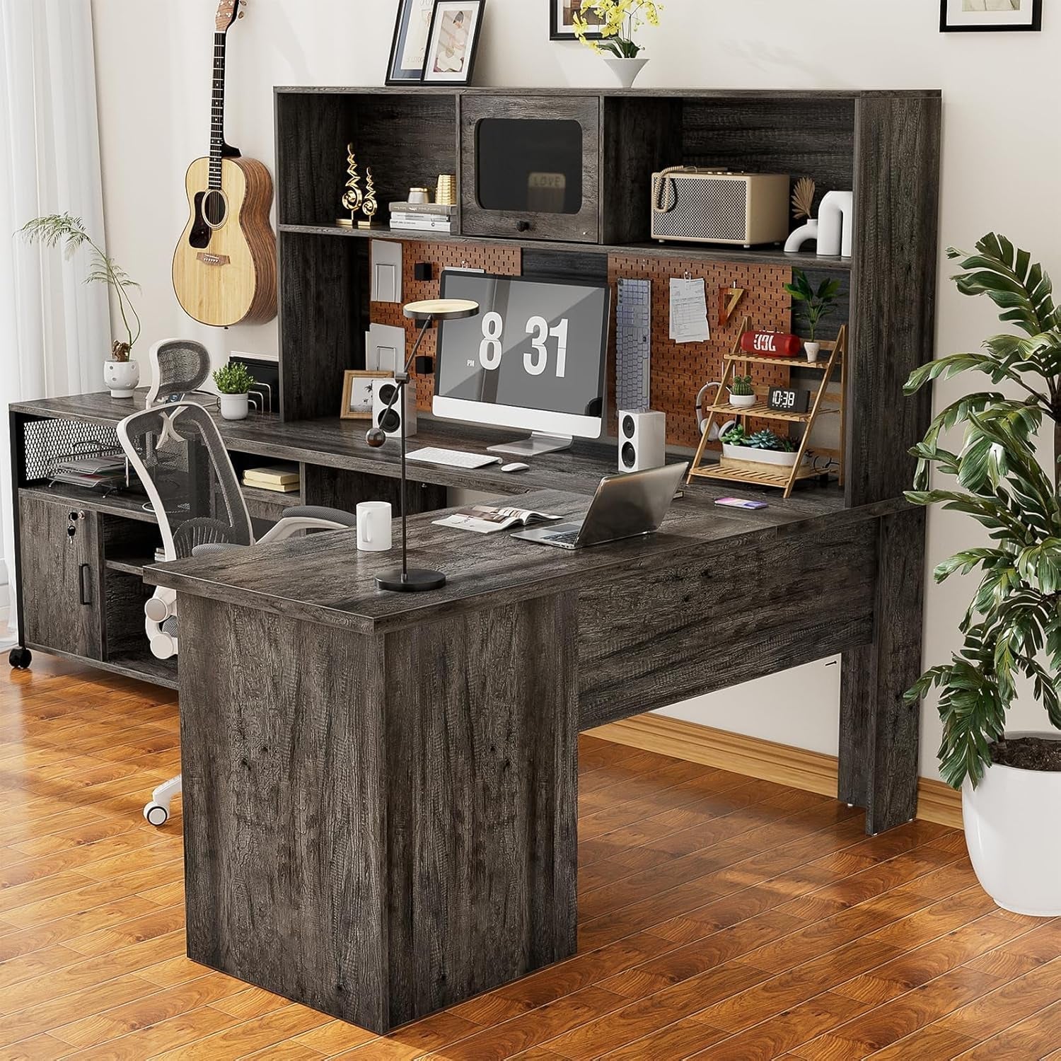 Large L Shaped Desk with Drawers and LED Lights