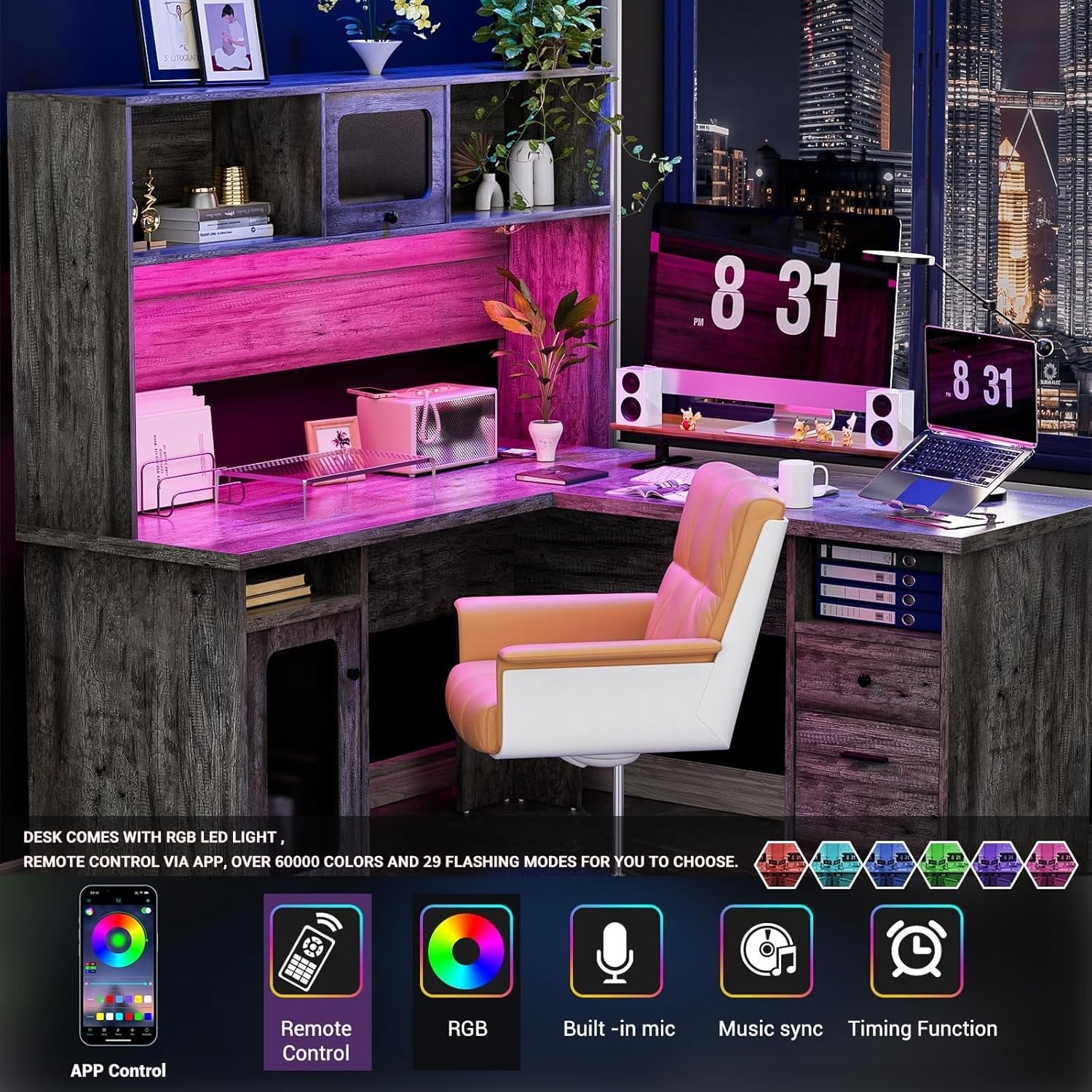 Large L Shaped Desk with Drawers and LED Lights