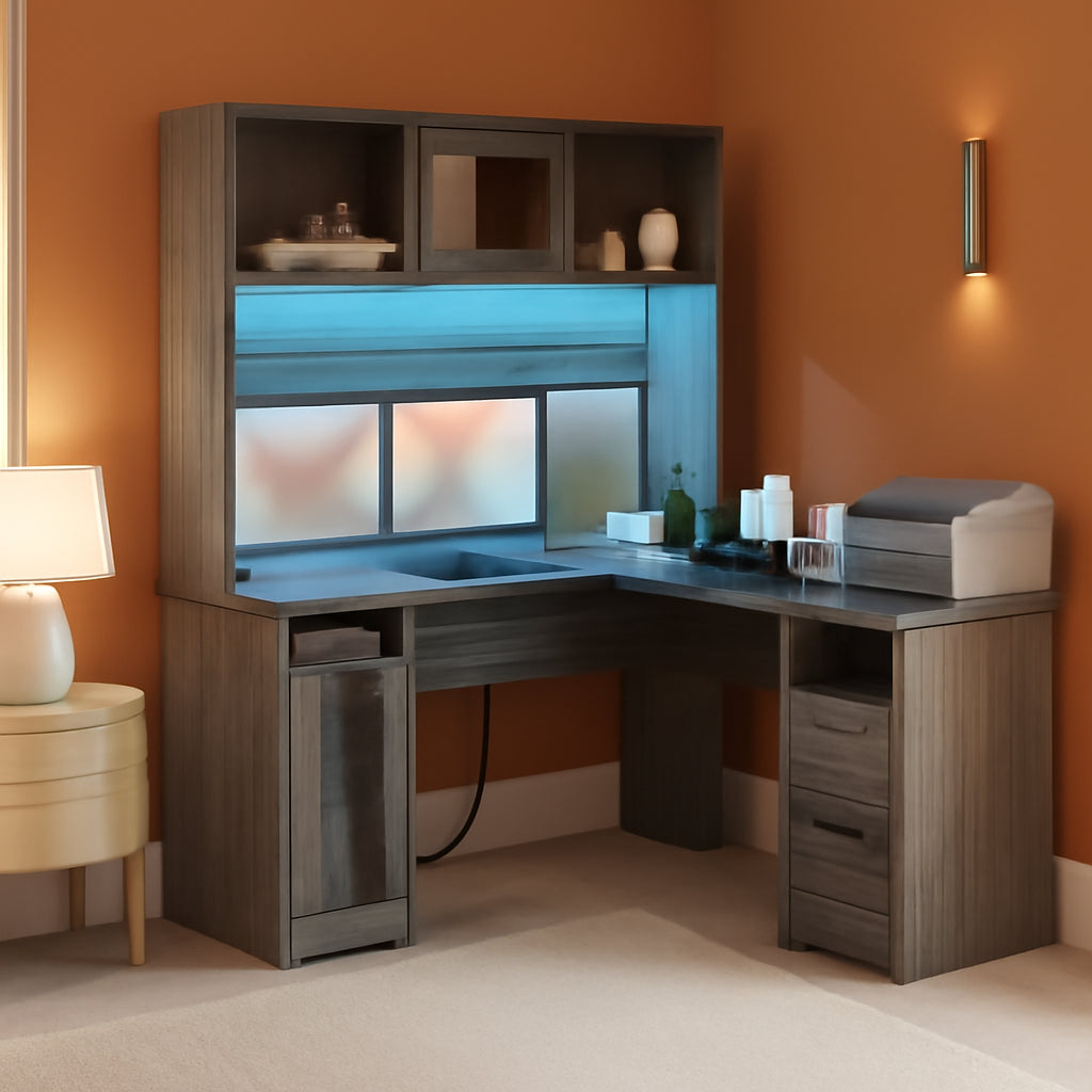 Large L Shaped Desk with Drawers and LED Lights